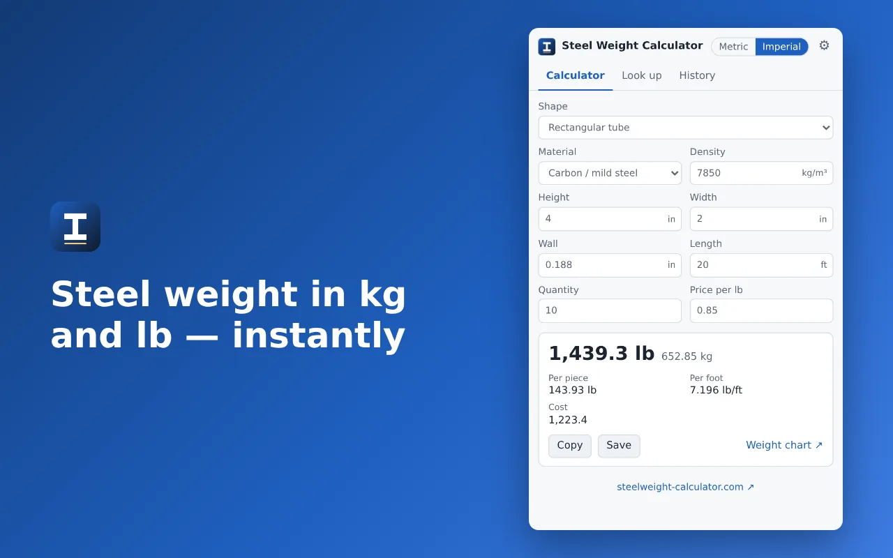 Extension popup calculating the weight of 10 rectangular tubes in lb with a price
