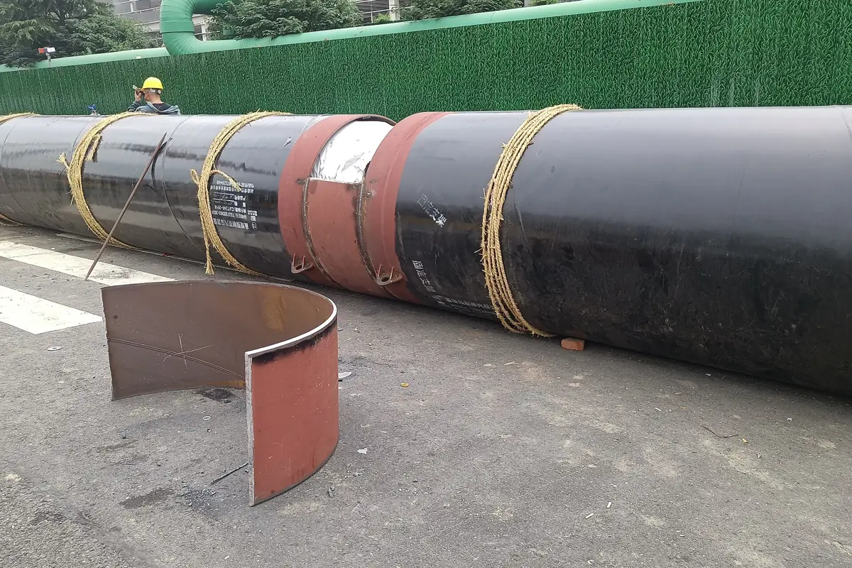 A large-diameter steel pipe with a cut pipe section on the ground